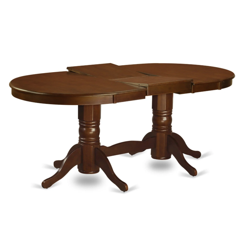 A dark brown wooden table with a leaf insert in a closed position on a white background A dark brown wooden table with a leaf insert in a closed position on a white background