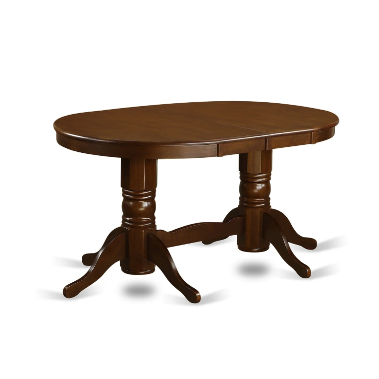 A dark brown wooden table with a rounded rectangular top and ornate legs A dark brown wooden table with a rounded rectangular top and ornate legs