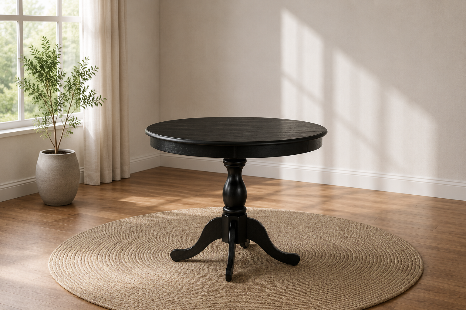 A dark wooden pedestal table on a round rug in a bright room with curtains A dark wooden pedestal table on a round rug in a bright room with curtains