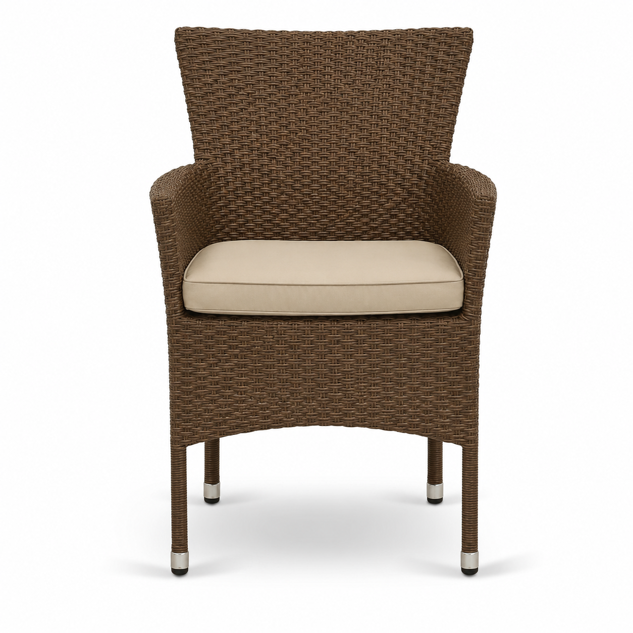 A single brown wicker armchair with beige cushion on white background
