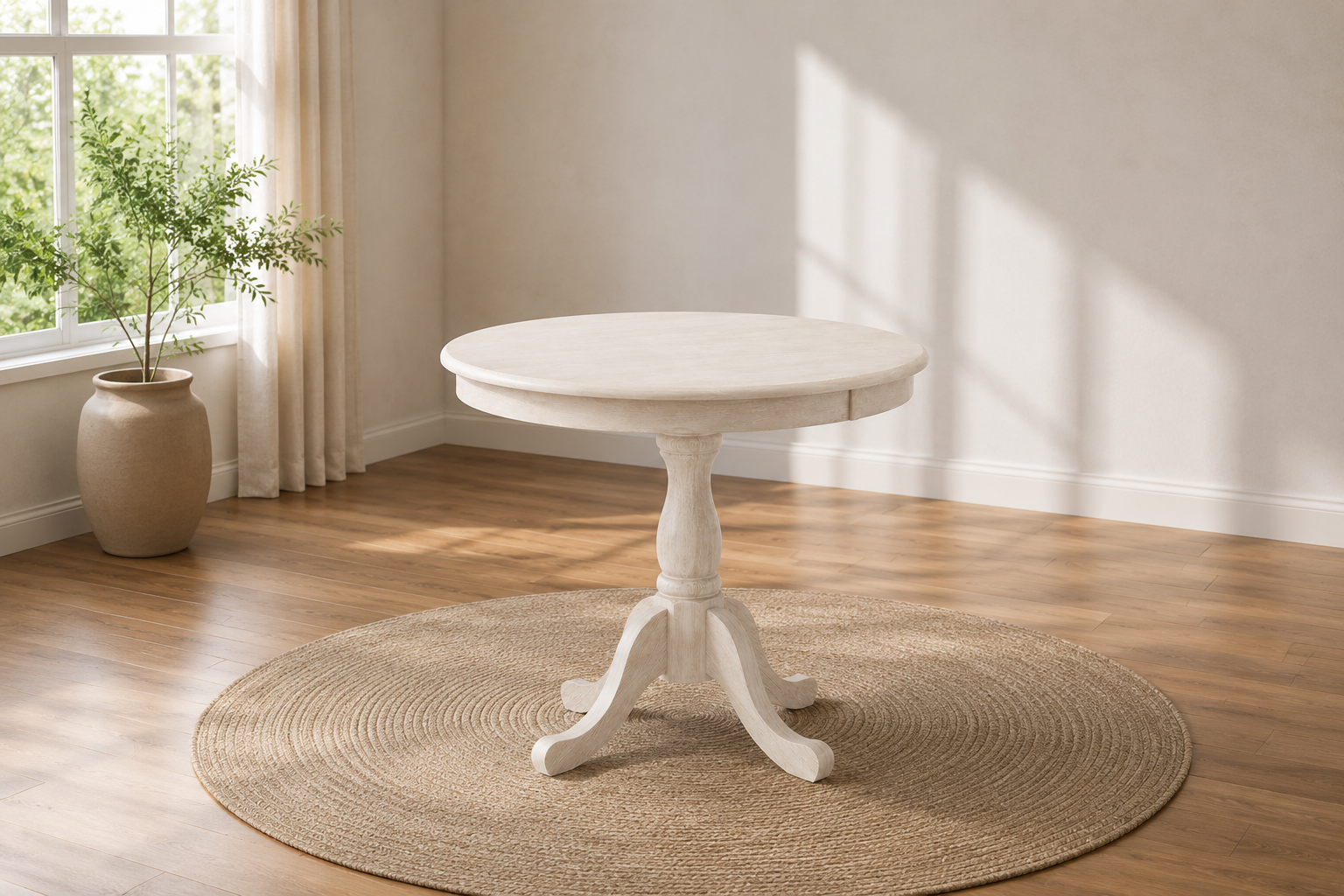 A white round pedestal table in a sunlit room with a large rug and potted plant A white round pedestal table in a sunlit room with a large rug and potted plant