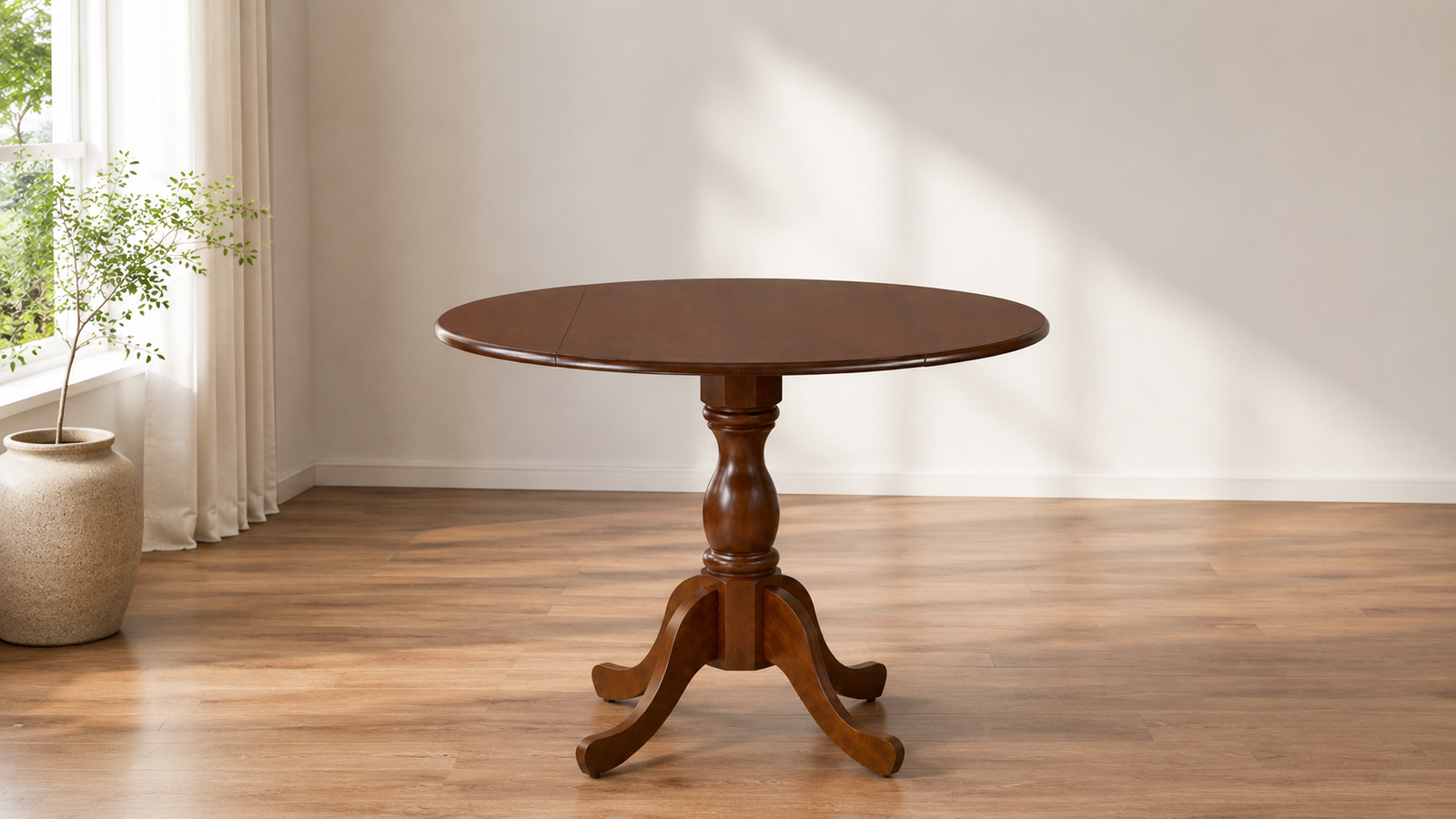 A wooden pedestal table with a rich finish, placed on hardwood flooring near A wooden pedestal table with a rich finish, placed on hardwood flooring near