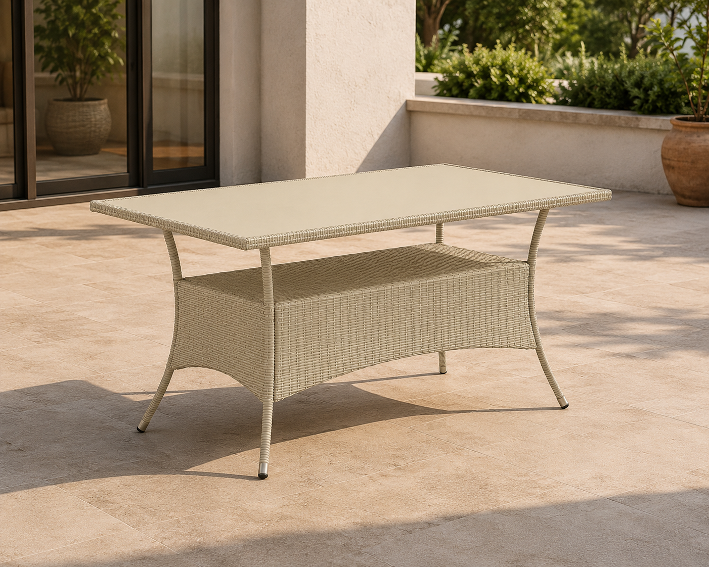 Beige wicker patio table with glass top on a tiled outdoor terrace Beige wicker patio table with glass top on a tiled outdoor terrace
