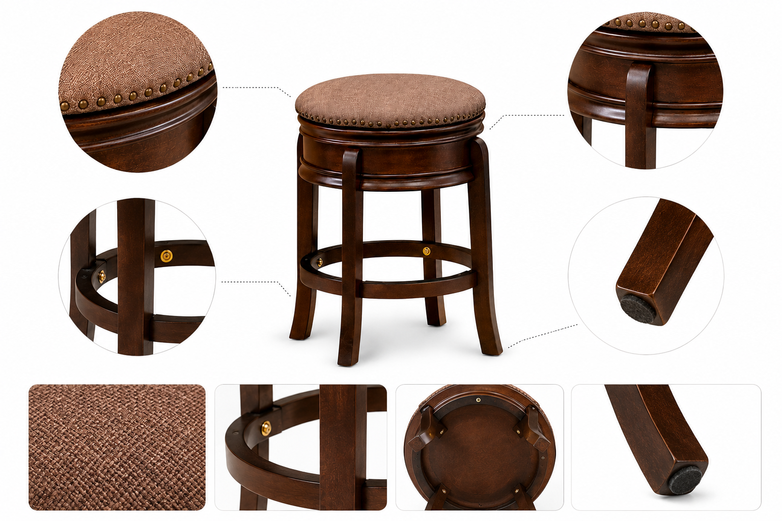 Brown leather swivel bar stool with wooden legs and detailed upholstery. Brown leather swivel bar stool with wooden legs and detailed upholstery.
