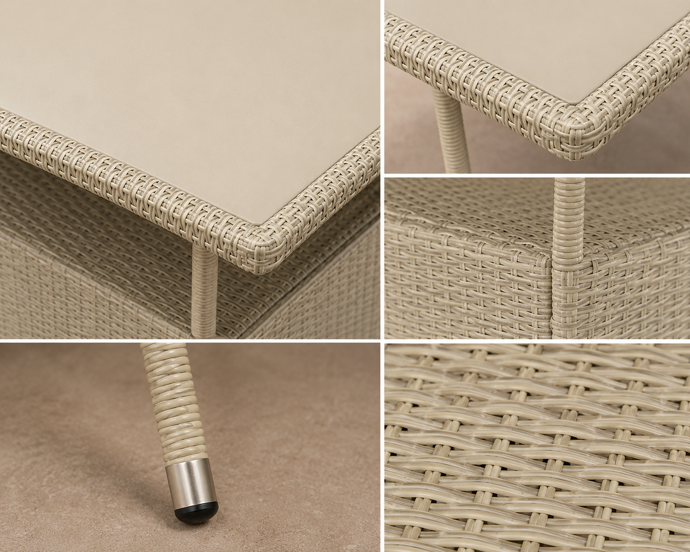 Close-up of a beige wicker table with intricate weaving and sturdy metal foot Close-up of a beige wicker table with intricate weaving and sturdy metal foot