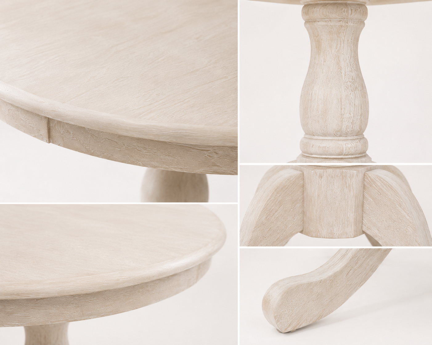 Collage of a round wooden table with a turned pedestal and curved legs Collage of a round wooden table with a turned pedestal and curved legs