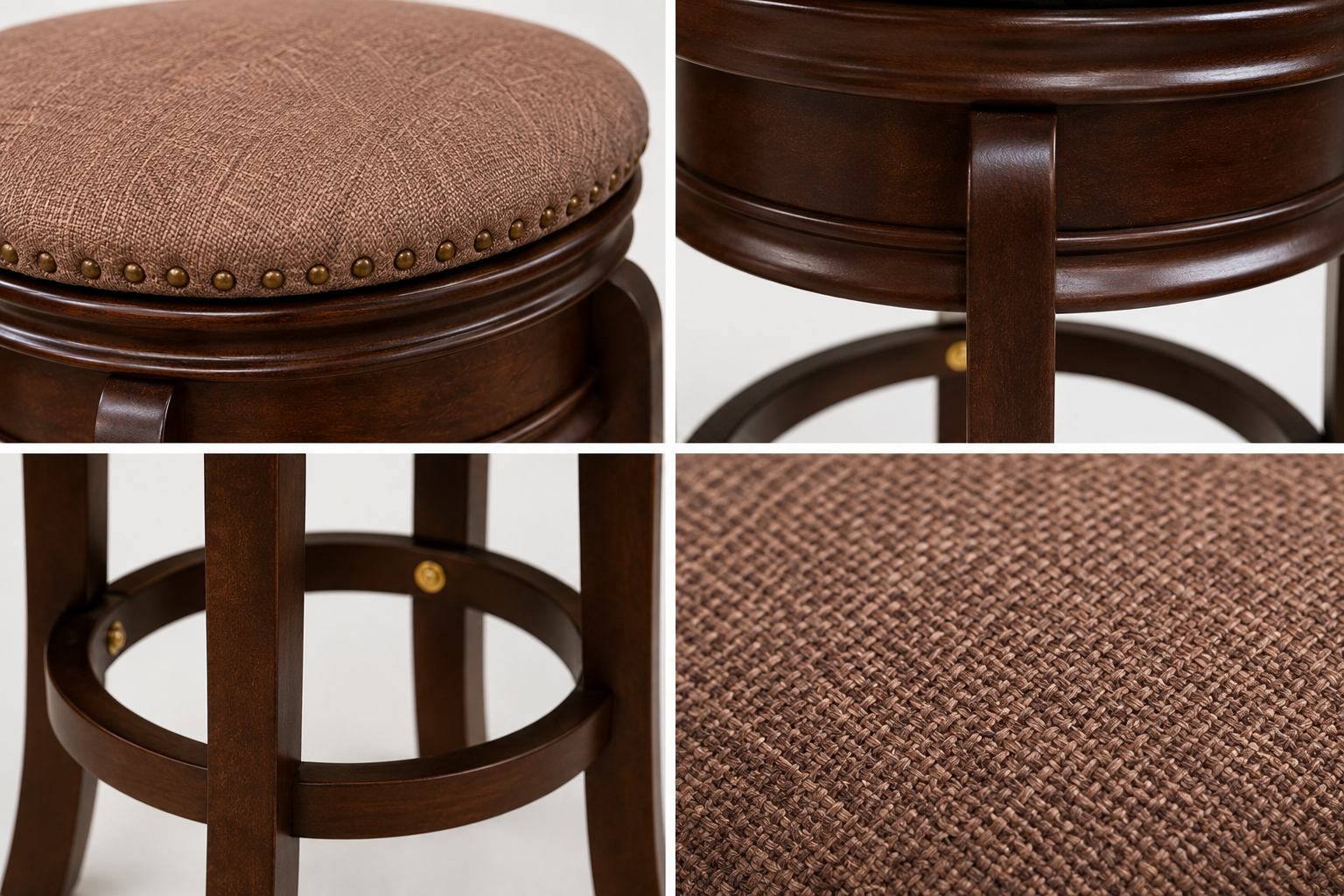 Dark brown wooden swivel bar stool with detailed upholstery and sturdy base. Dark brown wooden swivel bar stool with detailed upholstery and sturdy base.