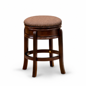 Dark wood swivel bar stool with brown cushioned seat and decorative nailheads
