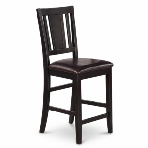 Dark wooden bar stool with leather seat and vertical slat backrest in focus
