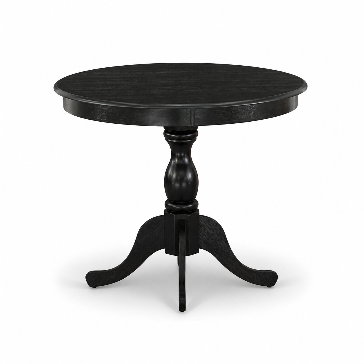 Elegant black wooden round table with intricately turned pedestal leg Elegant black wooden round table with intricately turned pedestal leg