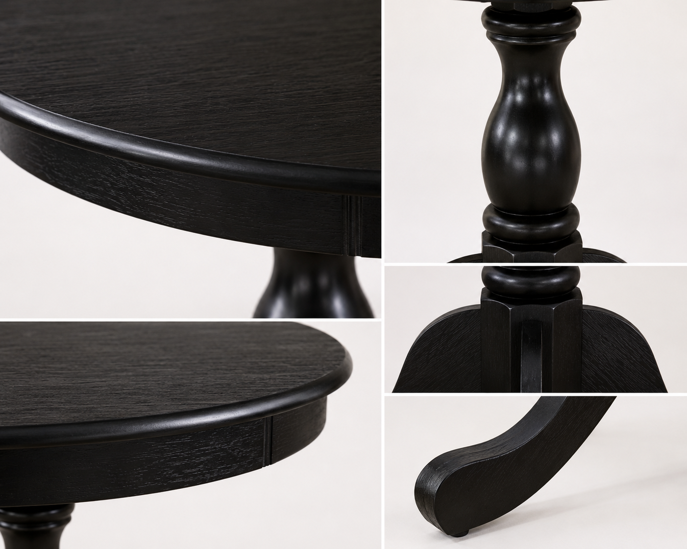 Elegant black wooden table with intricately turned legs and detailed close-ups Elegant black wooden table with intricately turned legs and detailed close-ups