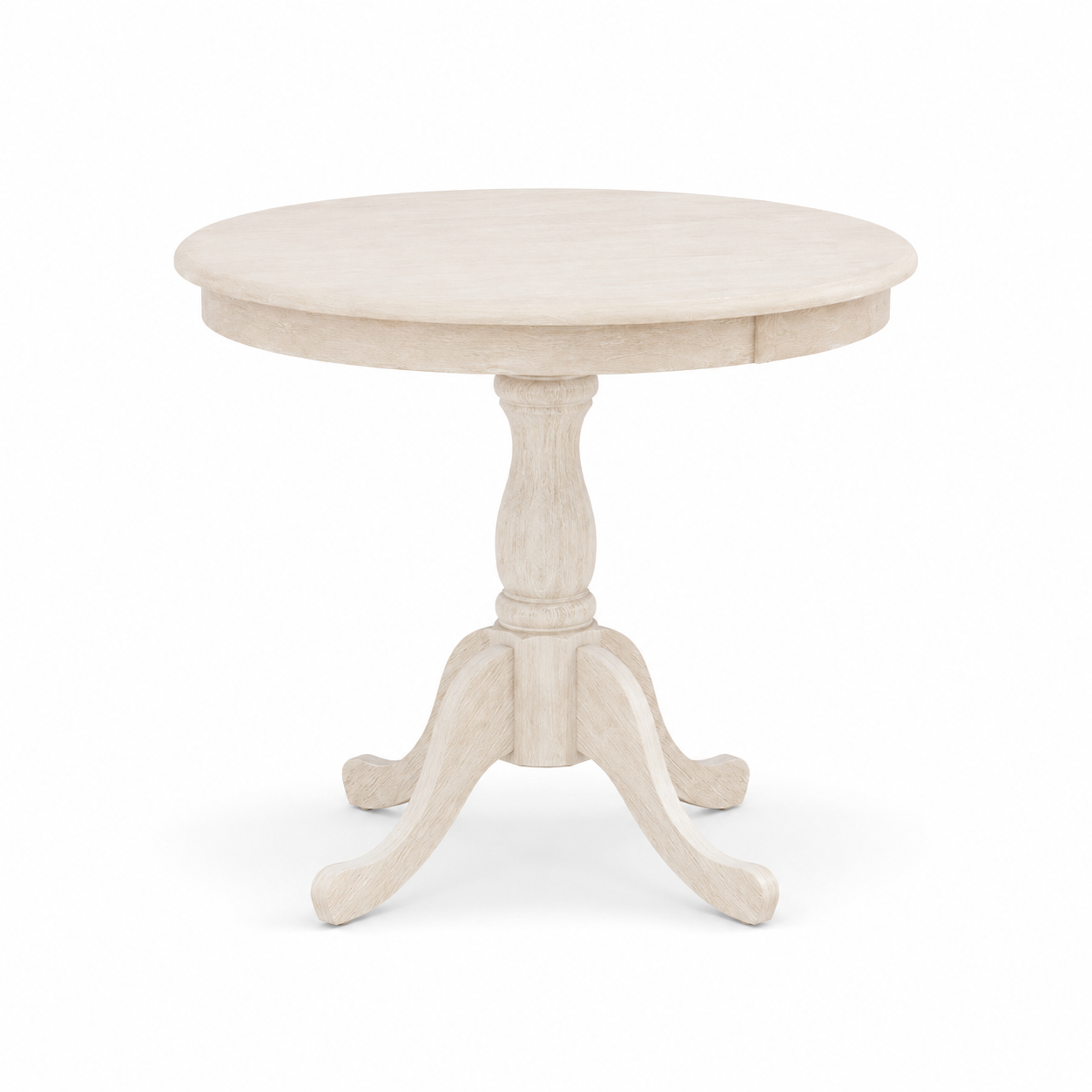 Elegant white round dining table with intricately carved pedestal base Elegant white round dining table with intricately carved pedestal base