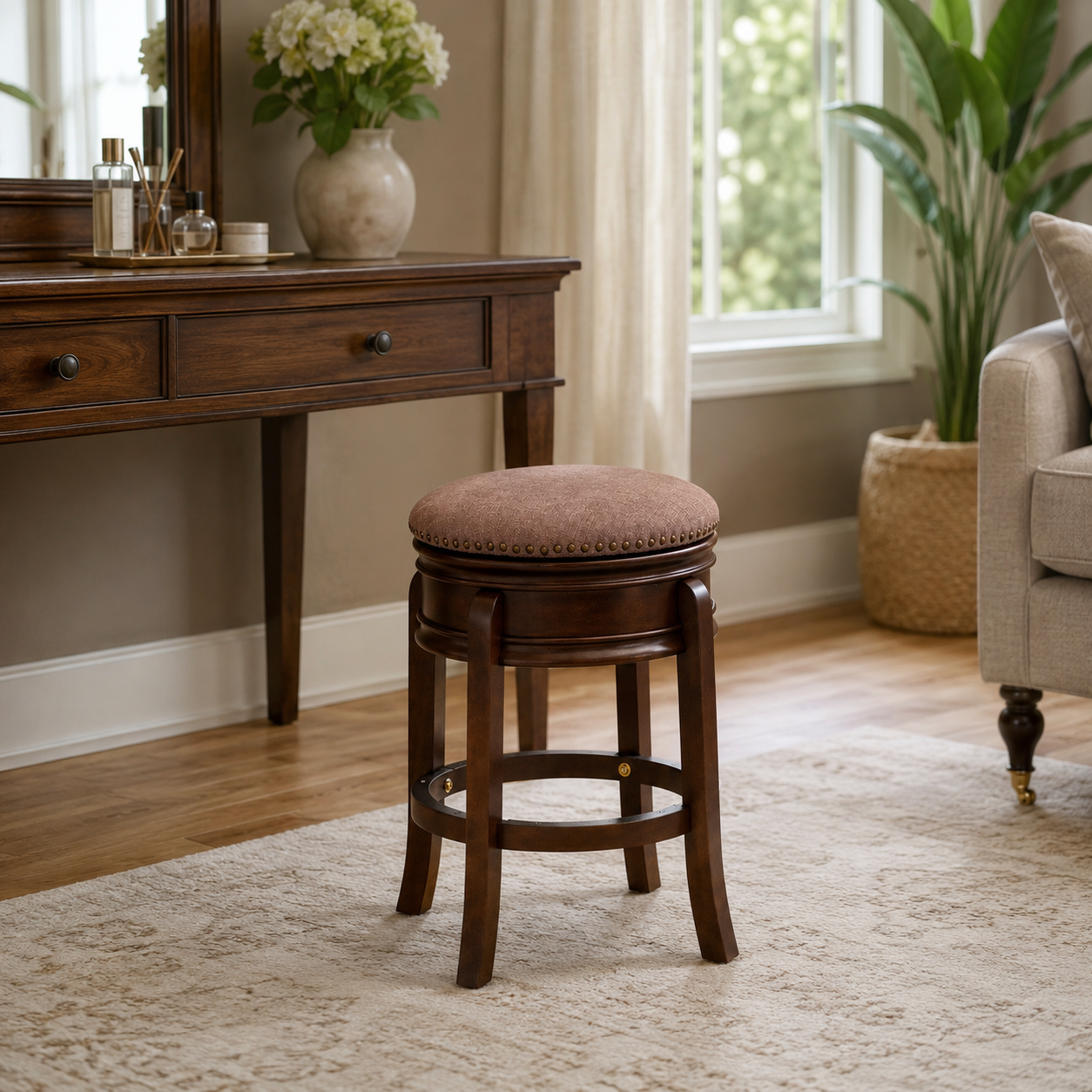 Elegant wooden vanity stool with cushion in cozy, well-lit living room setup. Elegant wooden vanity stool with cushion in cozy, well-lit living room setup.
