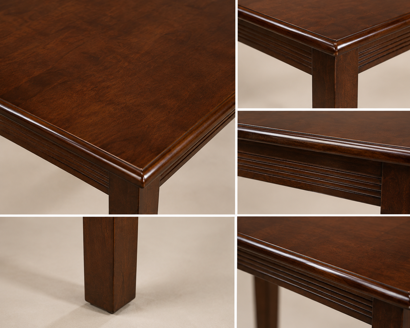 Four detailed close-ups of a polished wooden table with intricate edge design Four detailed close-ups of a polished wooden table with intricate edge design