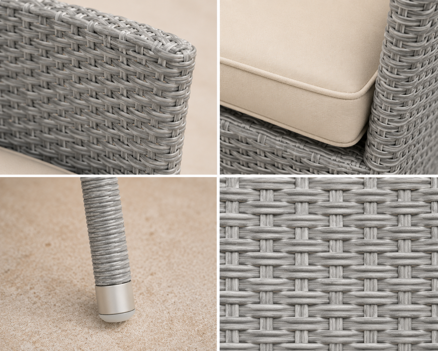 Four detailed close-ups of woven wicker furniture with cushions and legs Four detailed close-ups of woven wicker furniture with cushions and legs