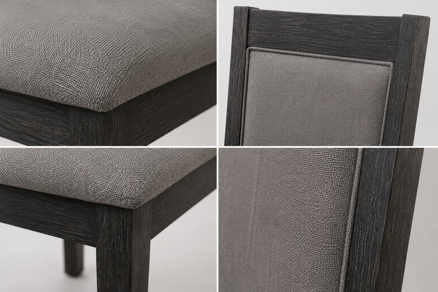Four detailed views of a modern chair with gray upholstery and dark wood frame Four detailed views of a modern chair with gray upholstery and dark wood frame