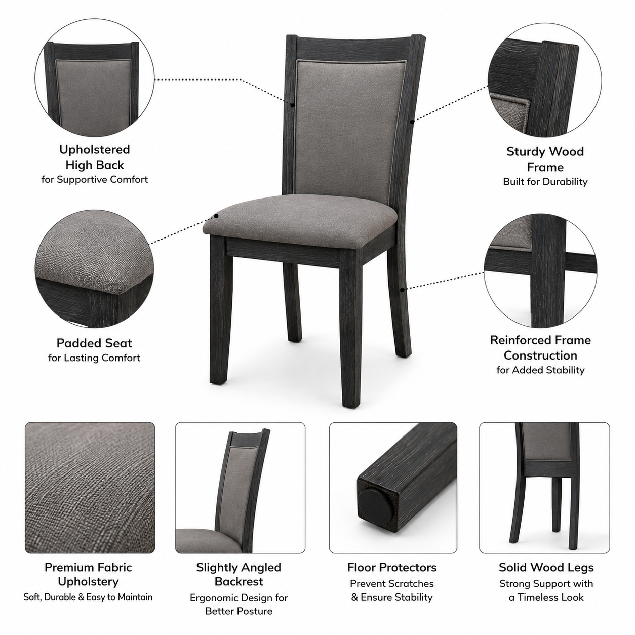 Gray upholstered dining chair with sturdy wood frame and protective pads Gray upholstered dining chair with sturdy wood frame and protective pads