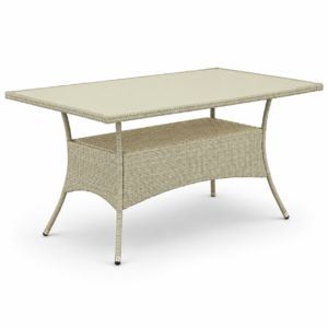 Light beige wicker outdoor dining table with glass top and lower shelf
