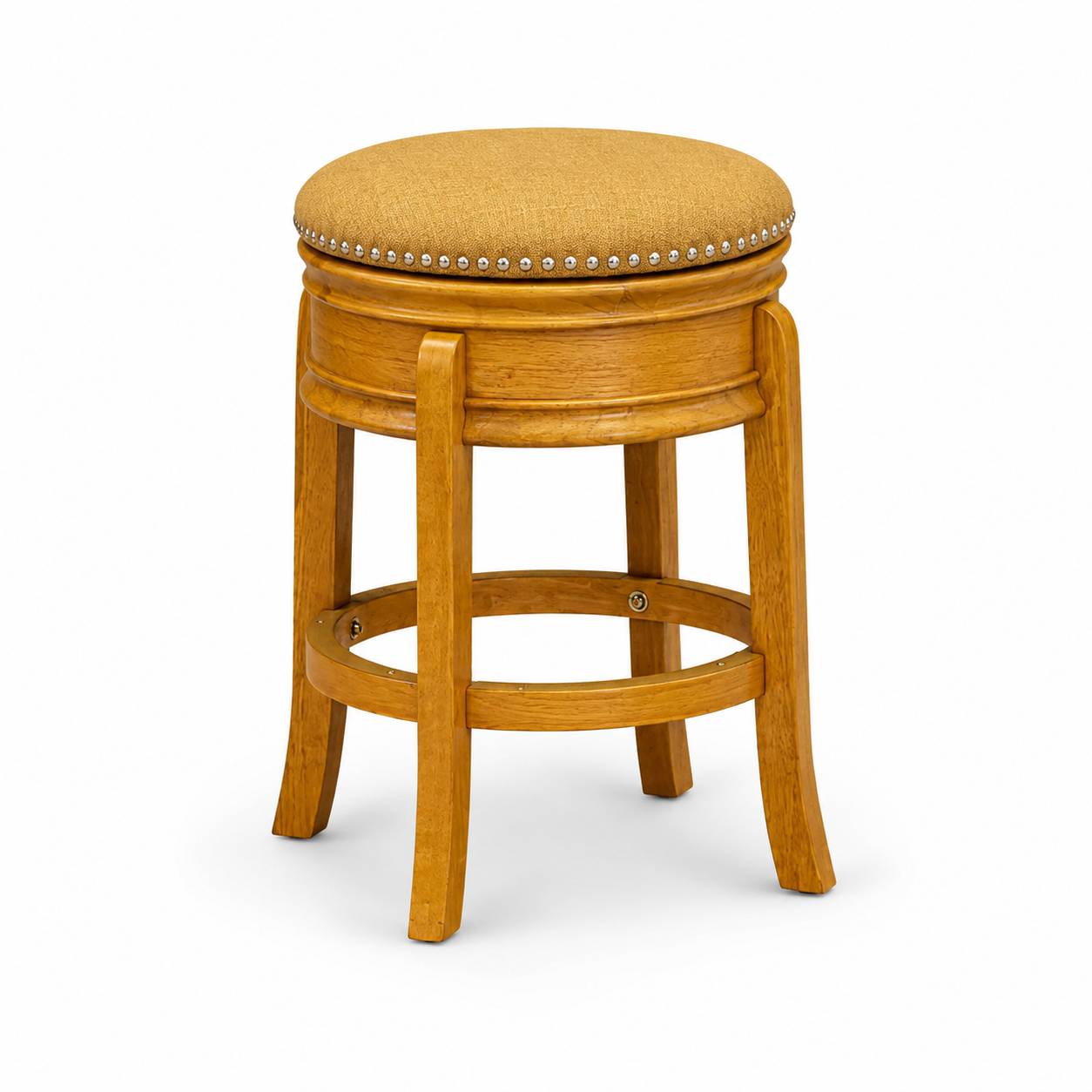 Light wood bar stool with a round, cushioned seat and decorative nailhead trim. Light wood bar stool with a round, cushioned seat and decorative nailhead trim.