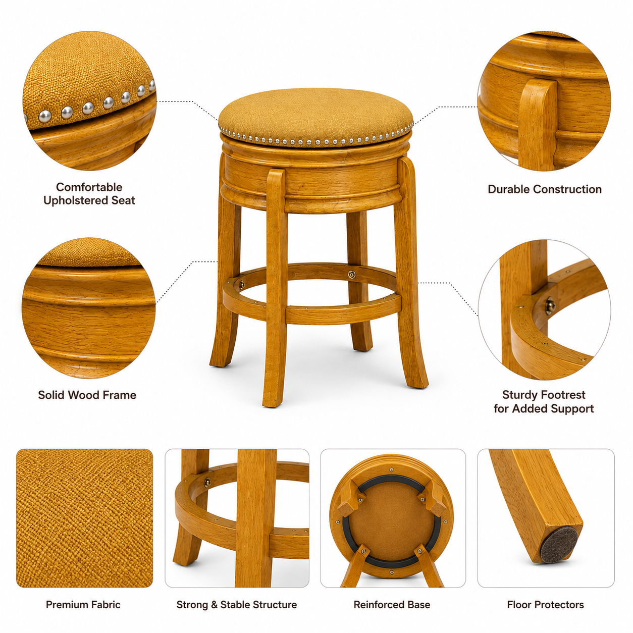 Light wood bar stool with cushioned seat, sturdy base, and detailed Light wood bar stool with cushioned seat, sturdy base, and detailed