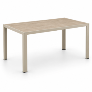 Light wood rectangular table with four metal legs on a white background