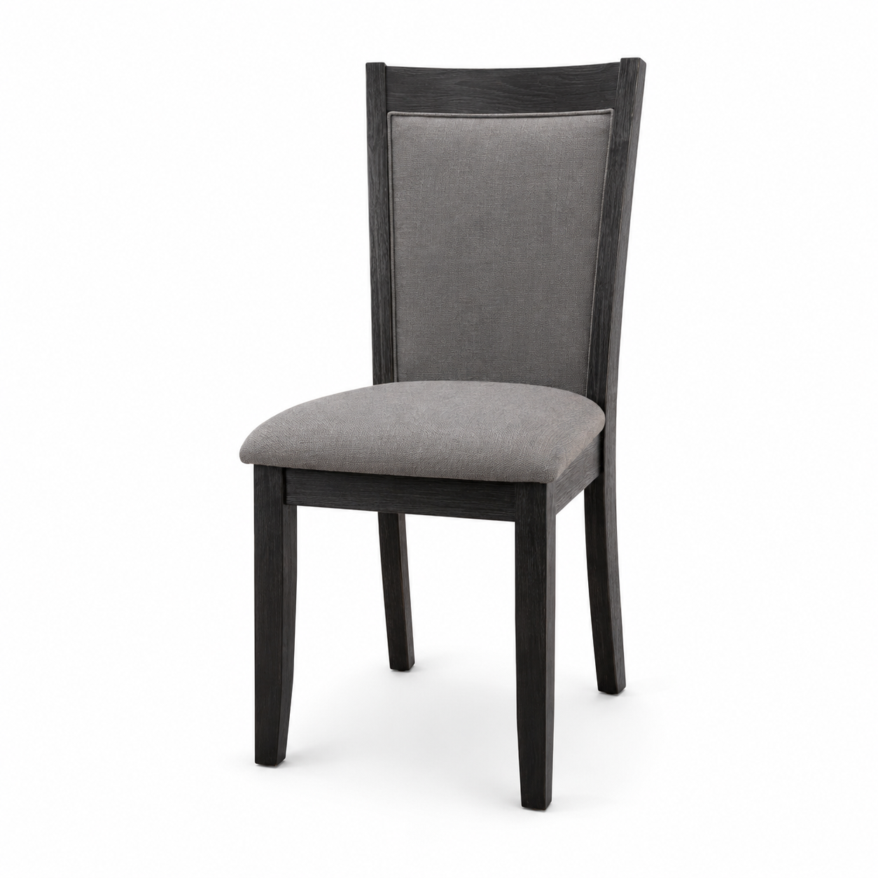 Modern dining chair with dark wooden frame and gray upholstered seat Modern dining chair with dark wooden frame and gray upholstered seat