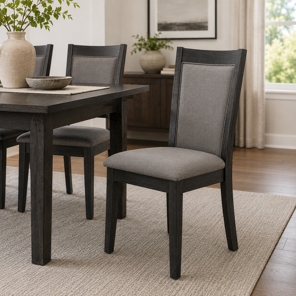 Modern dining set with upholstered chairs and wooden table in a bright room Modern dining set with upholstered chairs and wooden table in a bright room