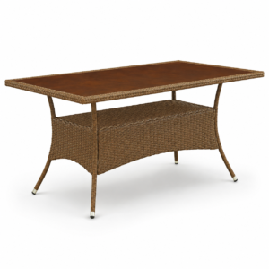 Rectangular wicker patio table with glass top and sturdy legs on a white