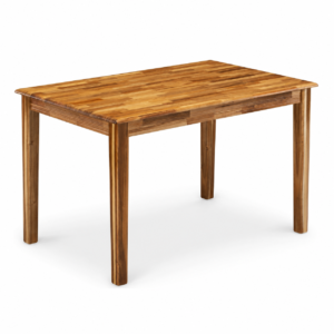 Rectangular wooden table with light brown finish and four sturdy legs on white