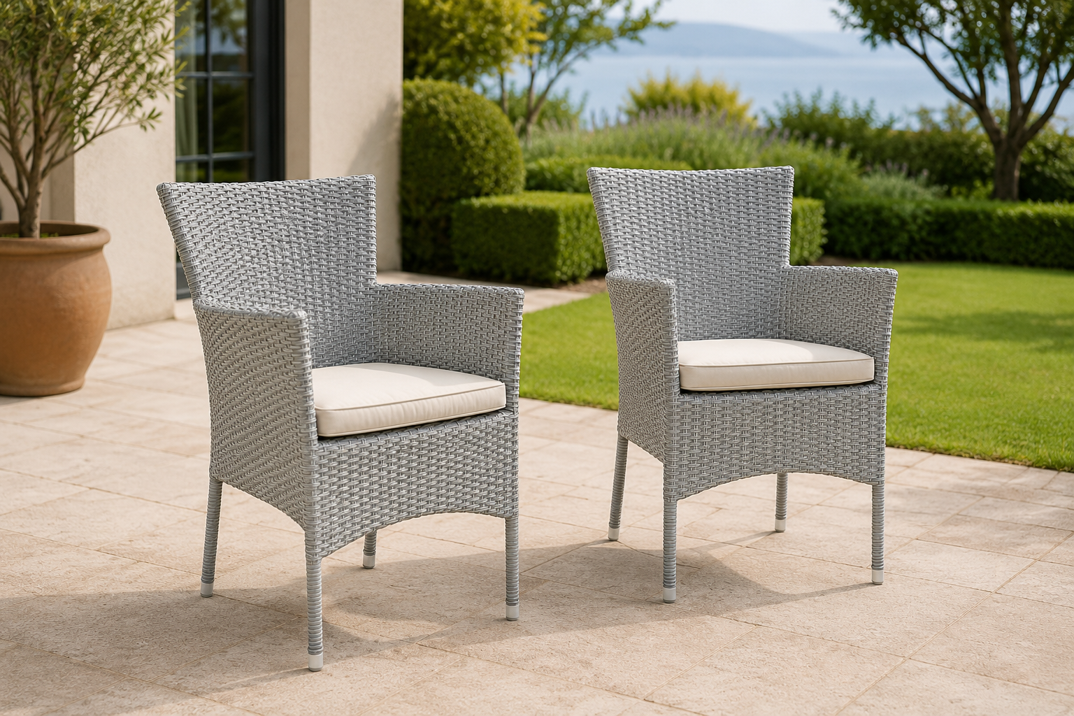 Two gray wicker patio chairs with cushions on a stone terrace overlooking Two gray wicker patio chairs with cushions on a stone terrace overlooking