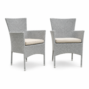 Two modern outdoor wicker chairs with beige cushions and aluminum frames