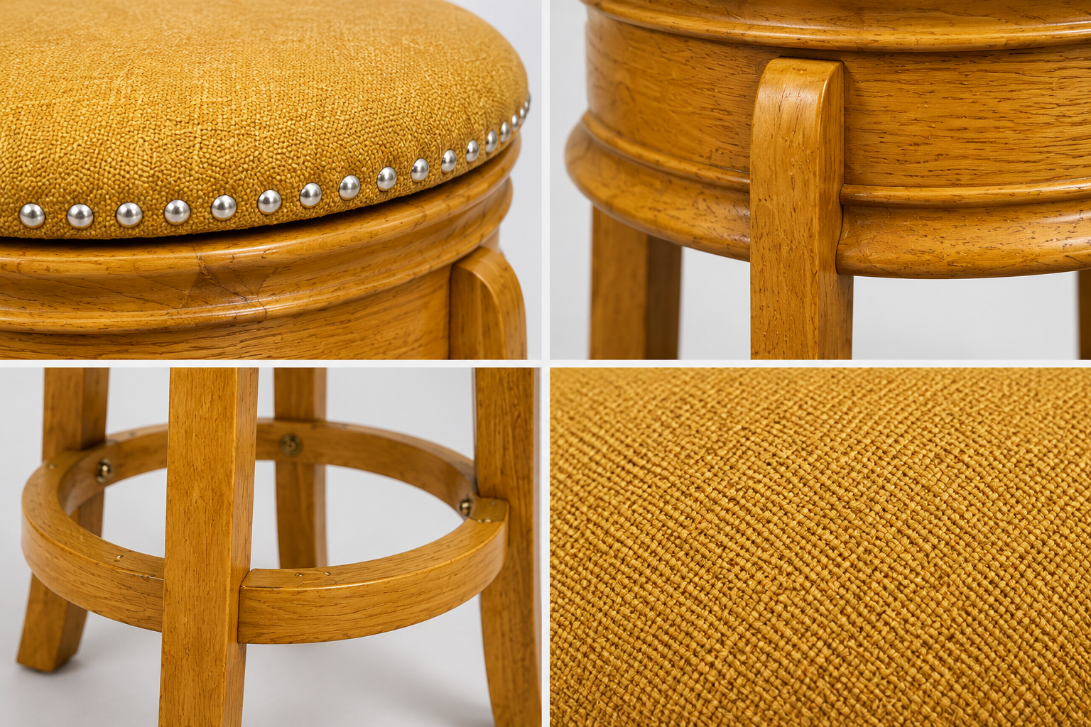 Wooden bar stool with a cushioned seat, featuring nailhead trim and a swivel Wooden bar stool with a cushioned seat, featuring nailhead trim and a swivel