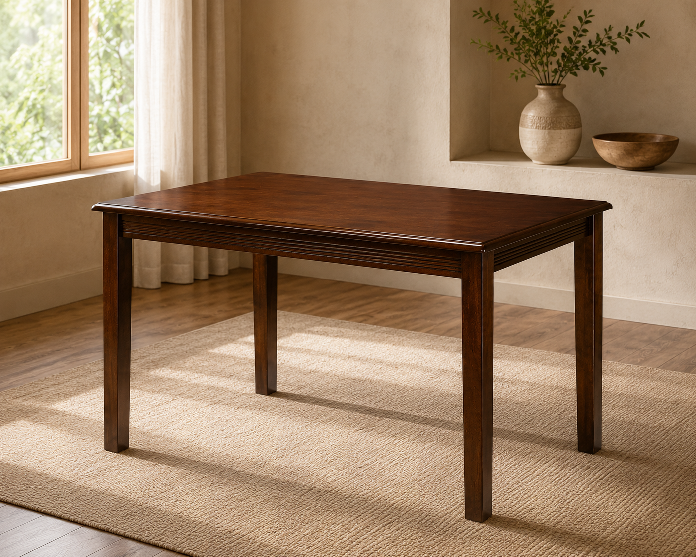Wooden dining table with four legs in a cozy room with a beige rug and vase Wooden dining table with four legs in a cozy room with a beige rug and vase