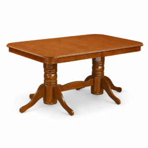 Wooden dining table with rich finish and elegantly turned pedestal legs