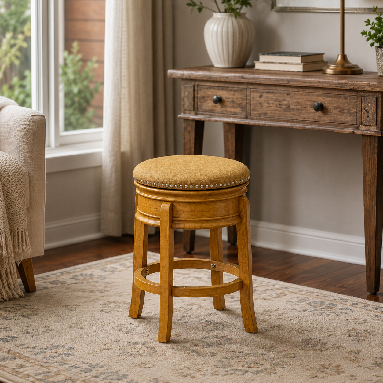 Wooden stool with yellow cushion beside a vintage desk and armchair in a cozy Wooden stool with yellow cushion beside a vintage desk and armchair in a cozy