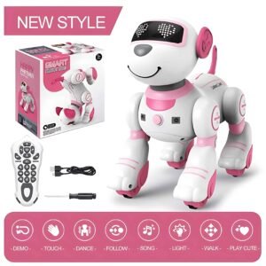white and pink robot toy is standing next to a pink and white box the box has a picture of the robot on it there is a remote next to the robot.jpg