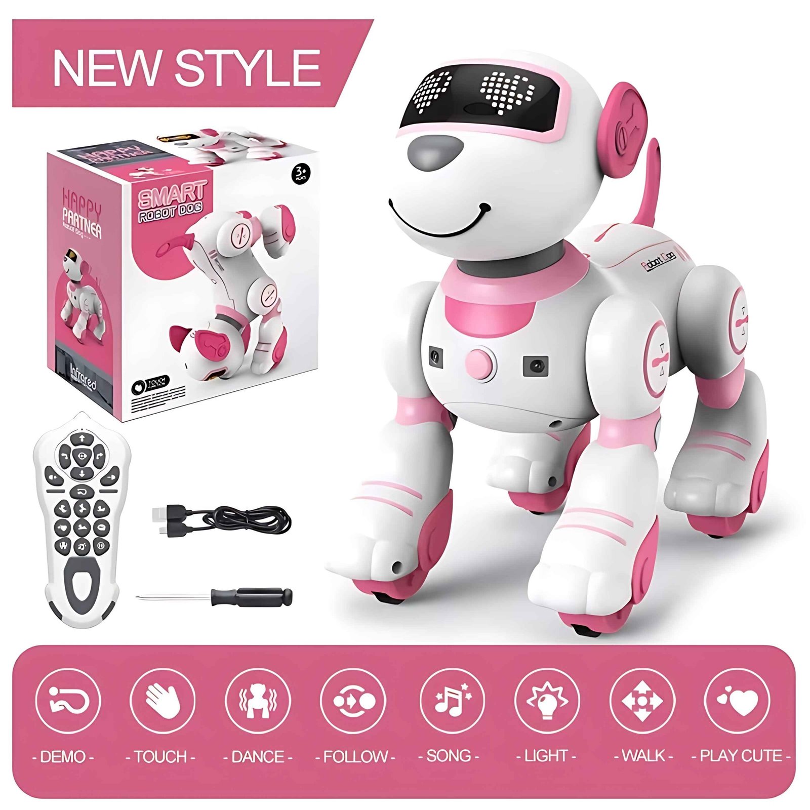 white and pink robot toy is standing next to a pink and white box the box has a picture of the robot on it there is a remote next to the robot.jpg