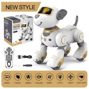 white robot toy is standing next to a box that is white the box has a white robot face on it there is a remote next to the robot.jpg